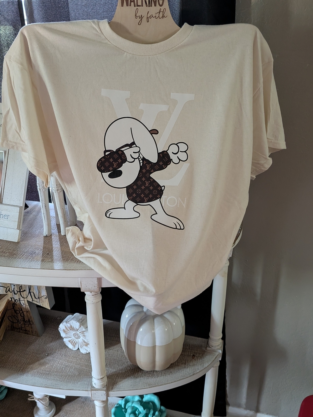 Cream Graphic Short Sleeve Tee with Monogram Snoopy